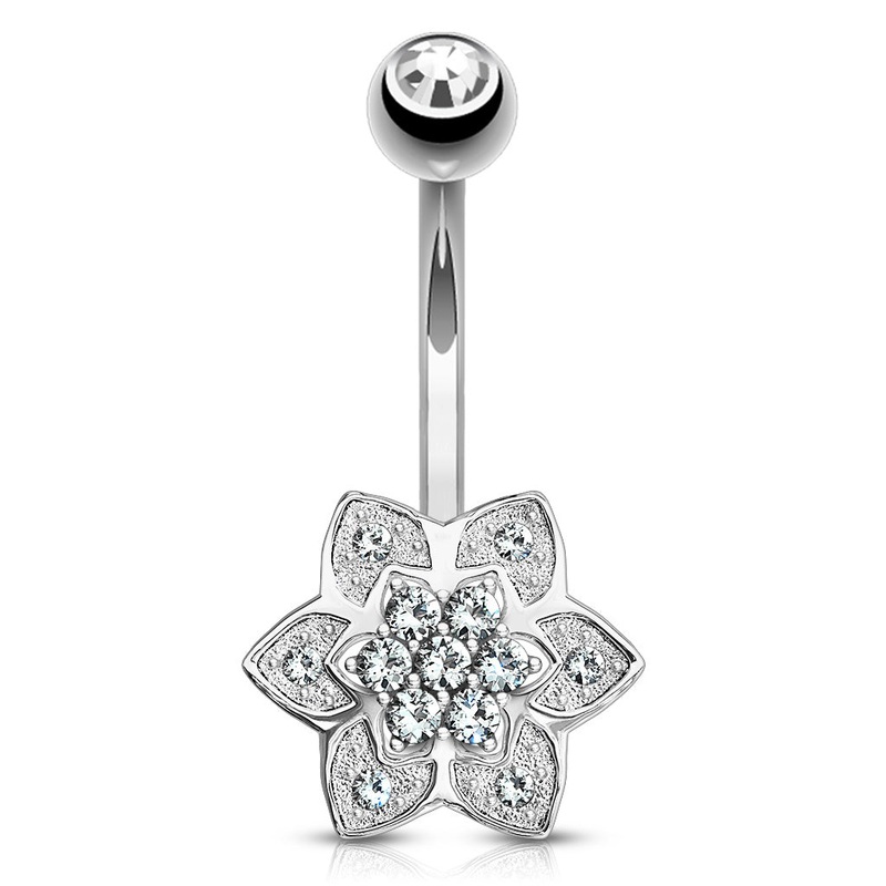 6-Petal CZ White 14k Gold Belly Barbell 14g – 3/8″ long (10mm) Clear White 14k Gold