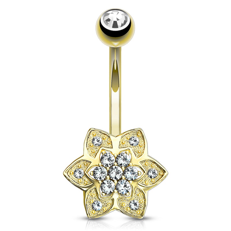 6-Petal CZ Yellow 14k Gold Belly Barbell 14 gauge – 3/8″ long (10mm) Clear Yellow 14k Gold
