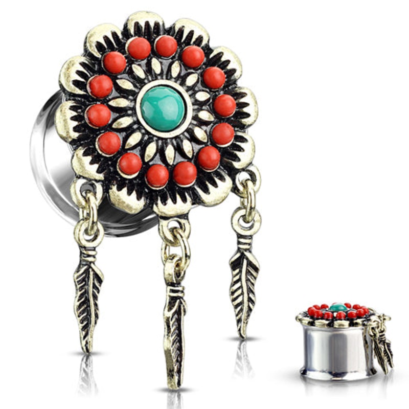 Beaded Shield Plugs & Feather Dangles 0 gauge (8mm) Stainless Steel Pair