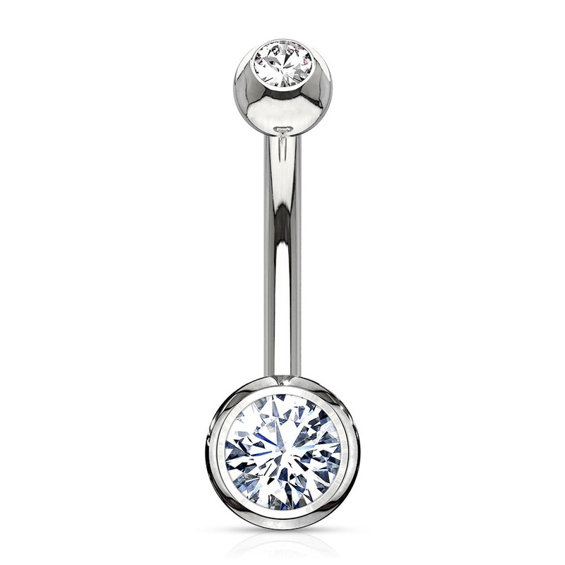 Bezel CZ White 14k Gold Belly Barbell 14g – 3/8″ long (10mm) – 4/6mm balls Clear White 14k Gold