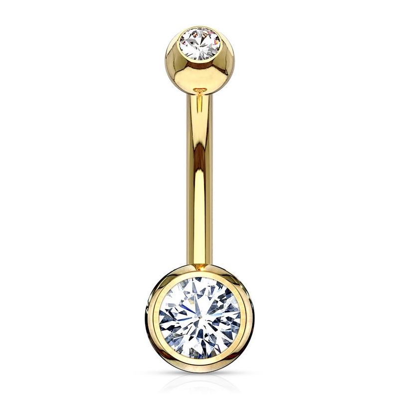 Bezel CZ Yellow 14k Gold Belly Barbell 14g – 3/8″ long (10mm) – 4/6mm balls Clear Yellow 14k Gold