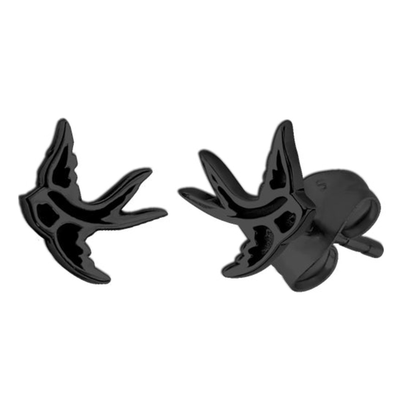 Black Swallow Stud Earrings 20 gauge Black Stainless Pair