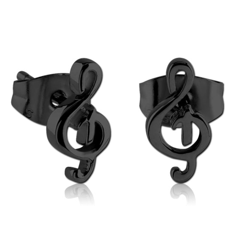Black Treble Clef Stud Earrings 20 gauge Black Stainless Pair