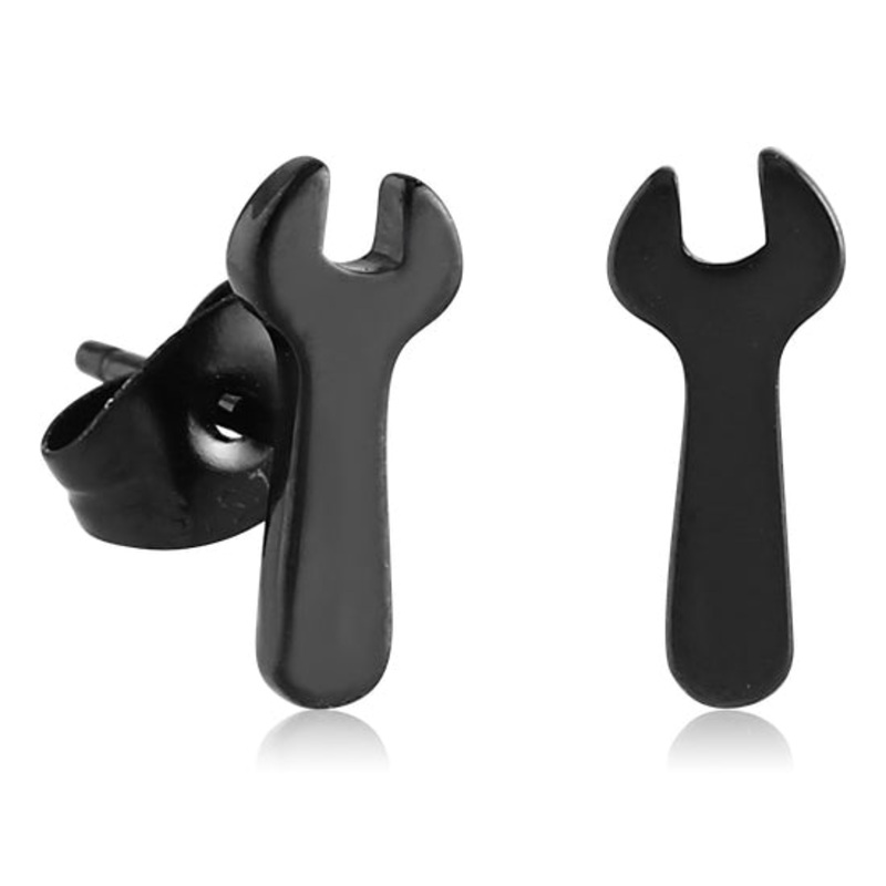 Black Wrench Stud Earrings 20 gauge Black Stainless Pair