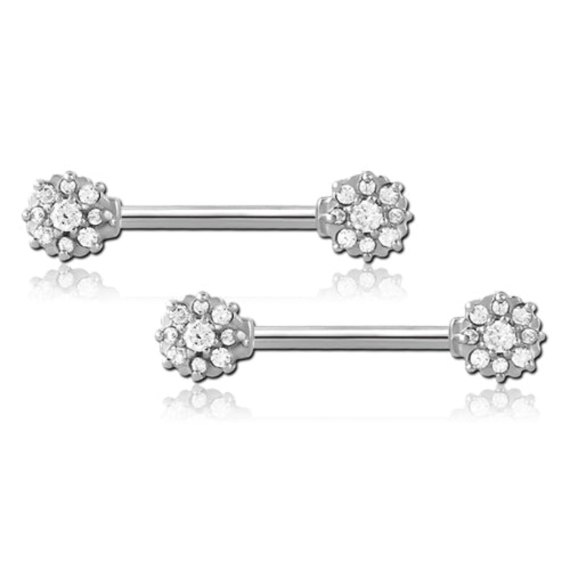 CZ Flower Stainless Nipple Barbells 14g – 15/32″ long (12mm) Clear