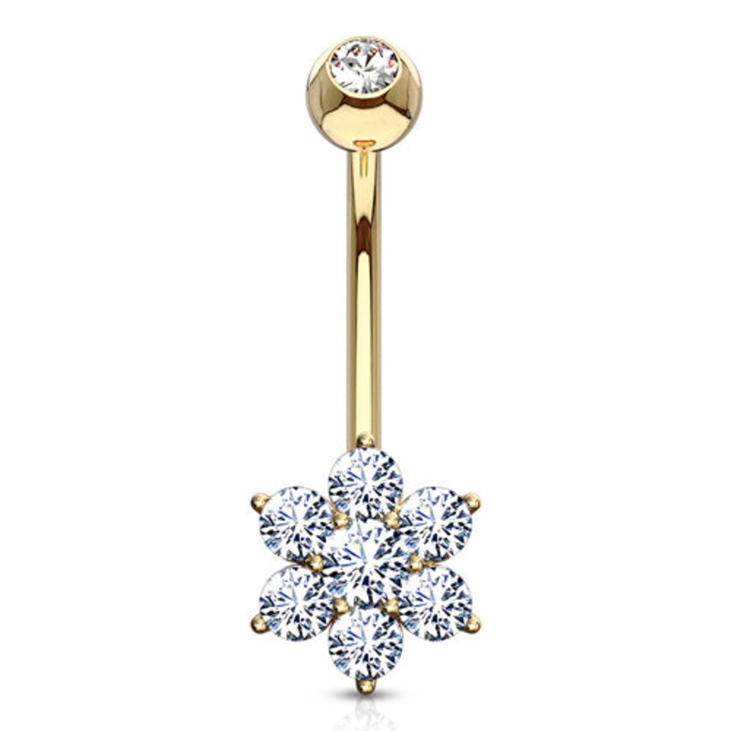 Flower CZ Yellow 14k Gold Belly Barbell 14 gauge – 3/8″ long (10mm) Clear Yellow 14k Gold
