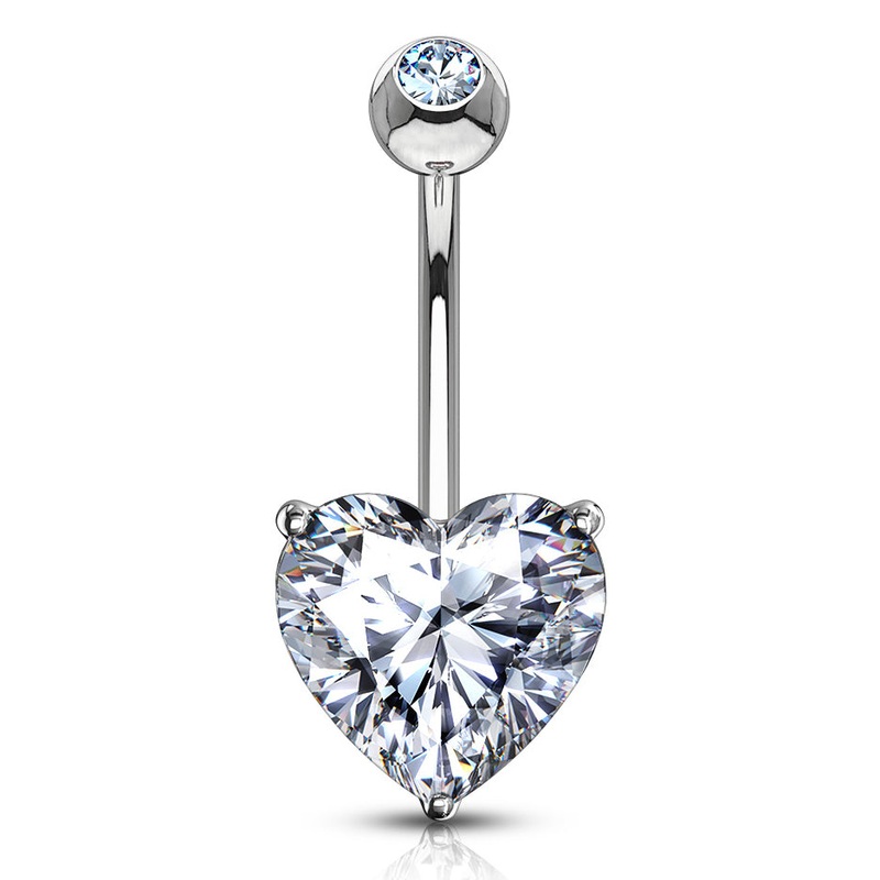 Heart CZ White 14k Gold Belly Barbell 14g – 3/8″ long (10mm) Clear White 14k Gold