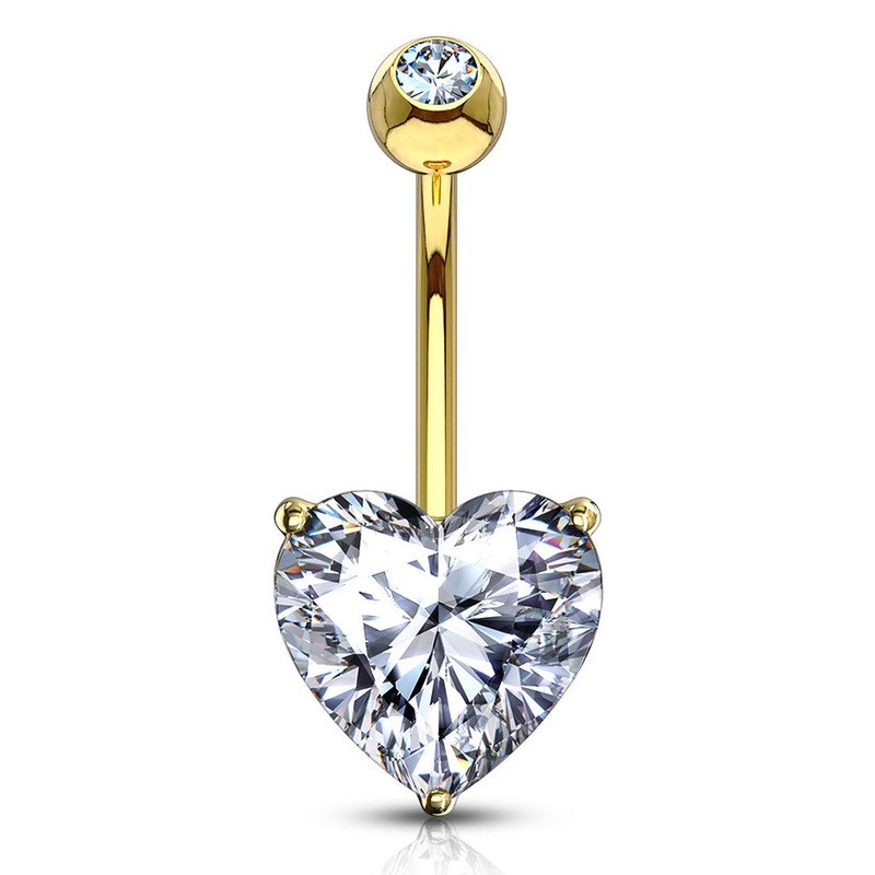 Heart CZ Yellow 14k Gold Belly Barbell 14 gauge – 3/8″ long (10mm) Clear Yellow 14k Gold