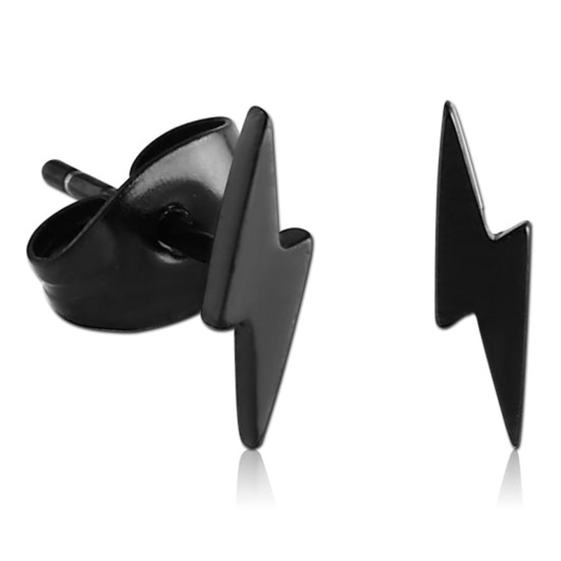 Lightning Bolt Black Stud Earrings 20 gauge Black Stainless Pair