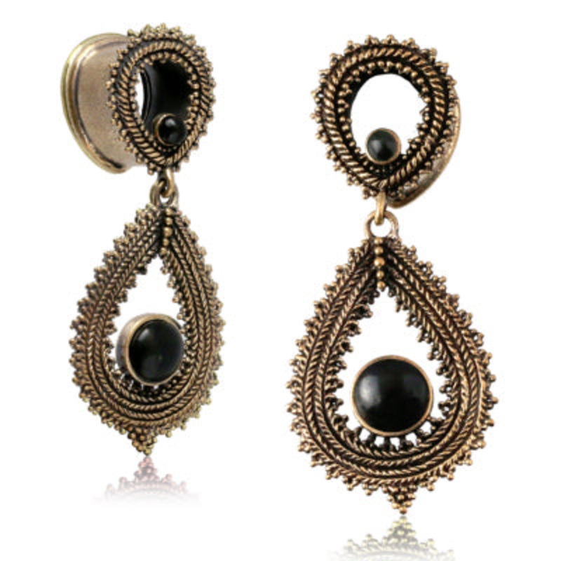 Rose Brass Tunnels w/ Black Onyx Dangles 2 gauge (6mm) Stainless Steel Pair