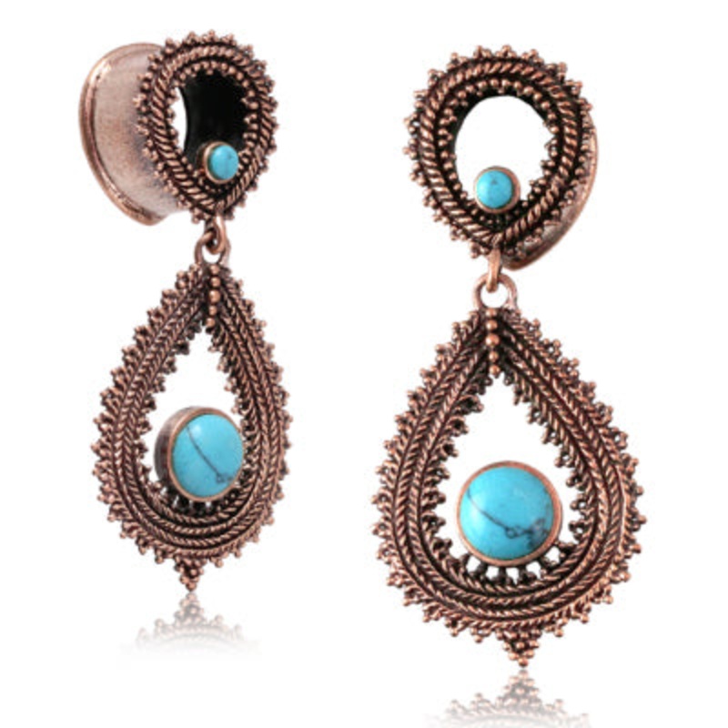 Rose Brass Tunnels w/ Turquoise Dangles 2 gauge (6mm) Rose Brass Pair
