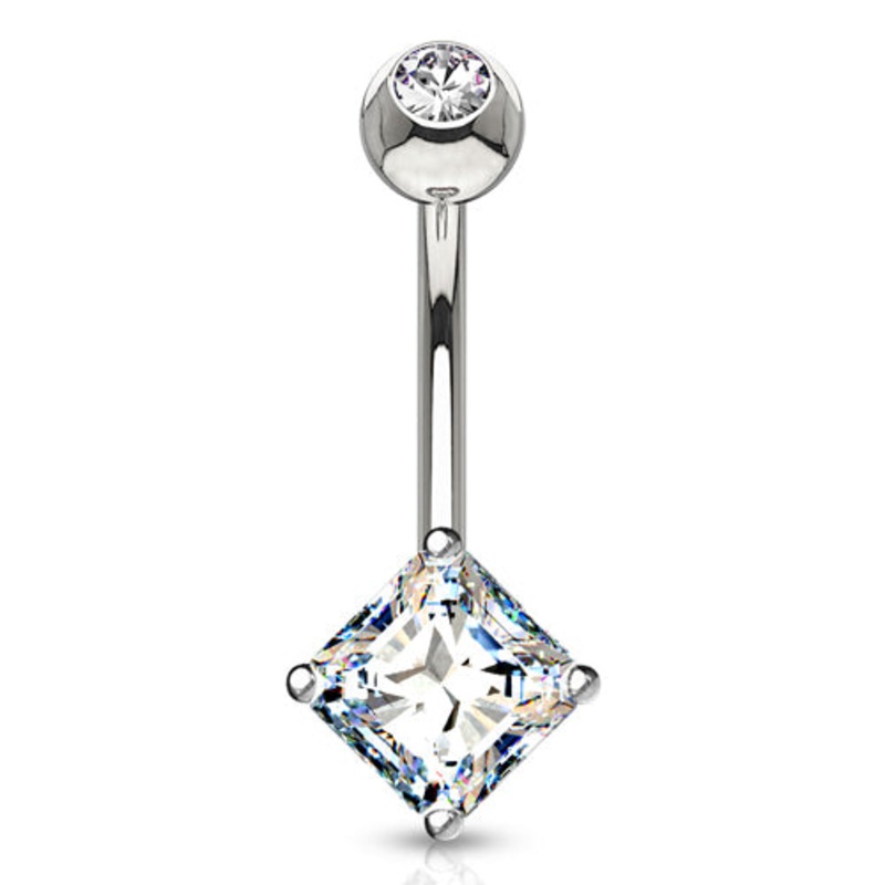 Square CZ White 14k Gold Belly Barbell 14 gauge – 3/8″ long (10mm) Clear White 14k Gold
