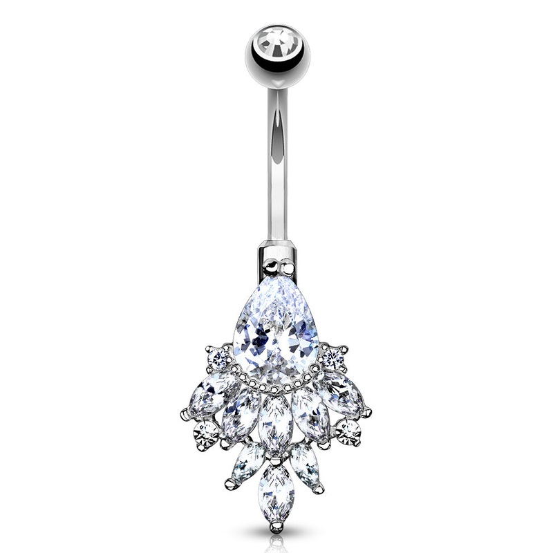 Teardrop Cascade White 14k Gold Belly Barbell 14 gauge – 3/8″ long (10mm) Clear White 14k Gold