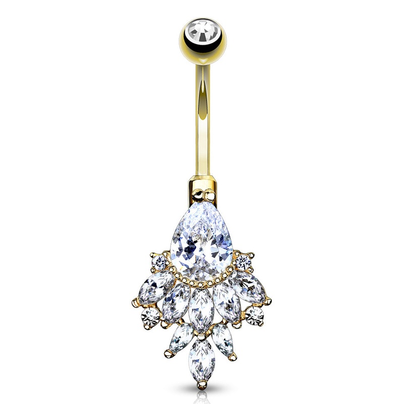 Teardrop Cascade Yellow 14k Gold Belly Barbell 14g – 3/8″ long (10mm) Clear Yellow 14k Gold