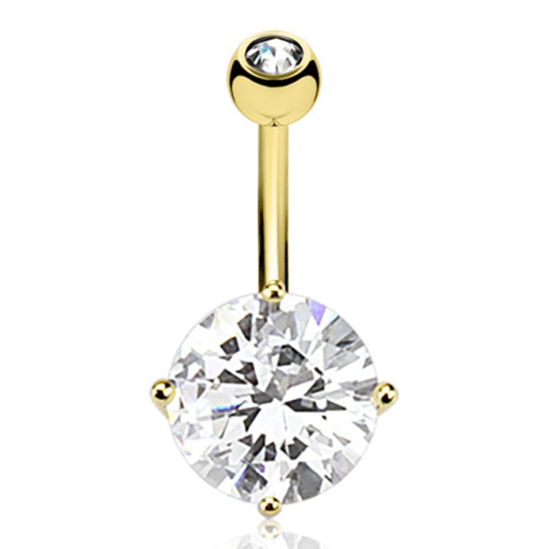 10mm Round CZ Yellow 14k Gold Belly Barbell 14 gauge – 3/8″ long (10mm) Clear Yellow 14k Gold