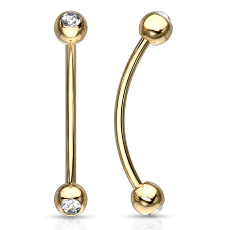 16g Gold CZ Snake Eyes Barbell 16g – 15/32″ long (12mm) – 3mm balls Clear Gold Stainless