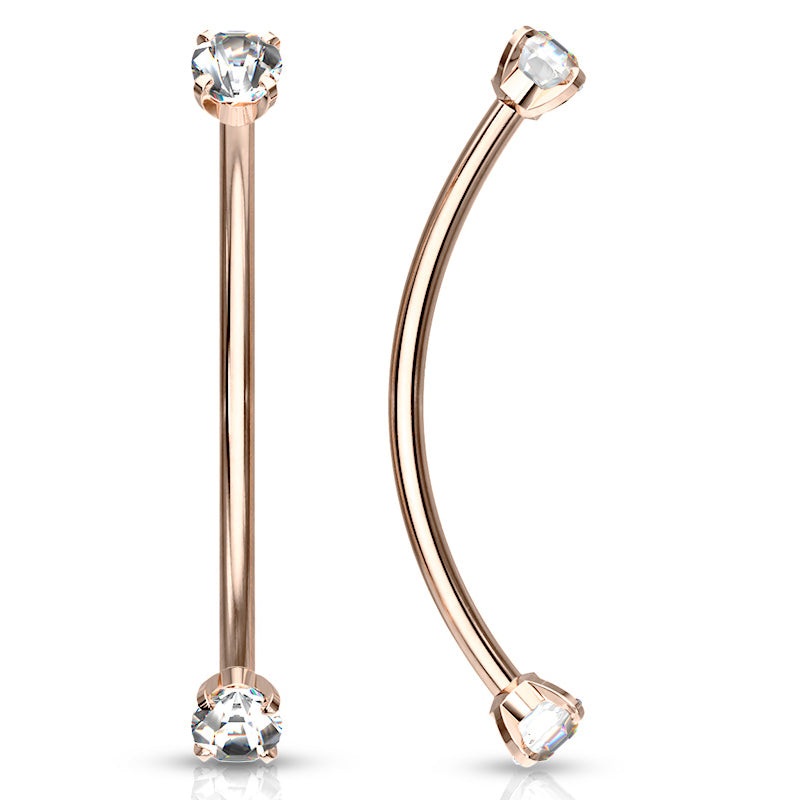 16g Prong CZ Rose Gold Snake Eyes Barbell 16g – 9/16″ long (14mm) Clear Rose Gold Stainless