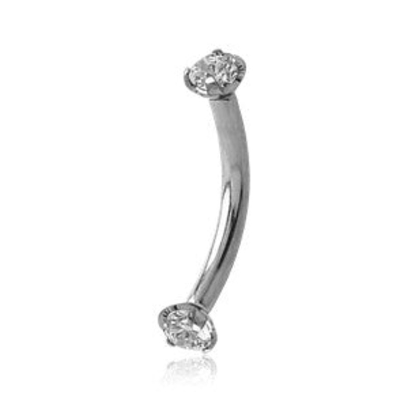 16g Prong-set CZ Curved Barbell 16g – 5/16″ long (8mm) – 2mm ends Clear Stainless Steel