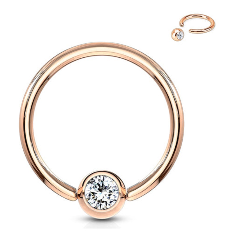 16g Rose Gold Captive CZ Bead Ring 16g – 1/4″ diameter (6mm) – 3mm bead Clear Rose Gold Stainless