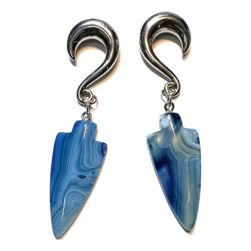 Blue Agate Arrowhead Hangers 2 gauge (6mm) Stainless Steel Pair
