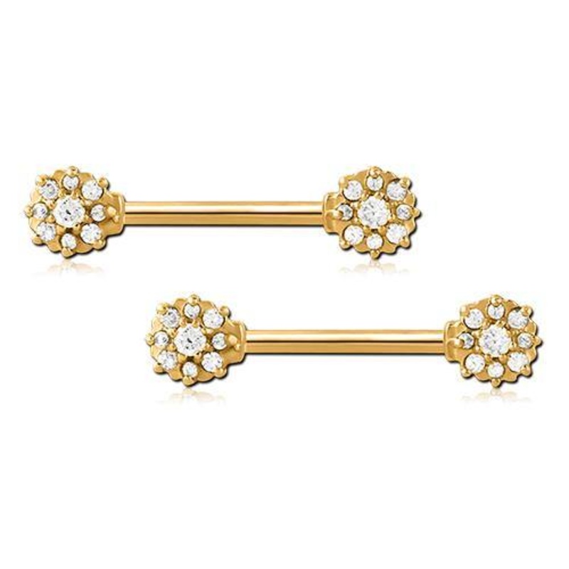 Flower CZ Gold Nipple Barbells 14g – 9/16″ long (14mm) Clear Gold Stainless