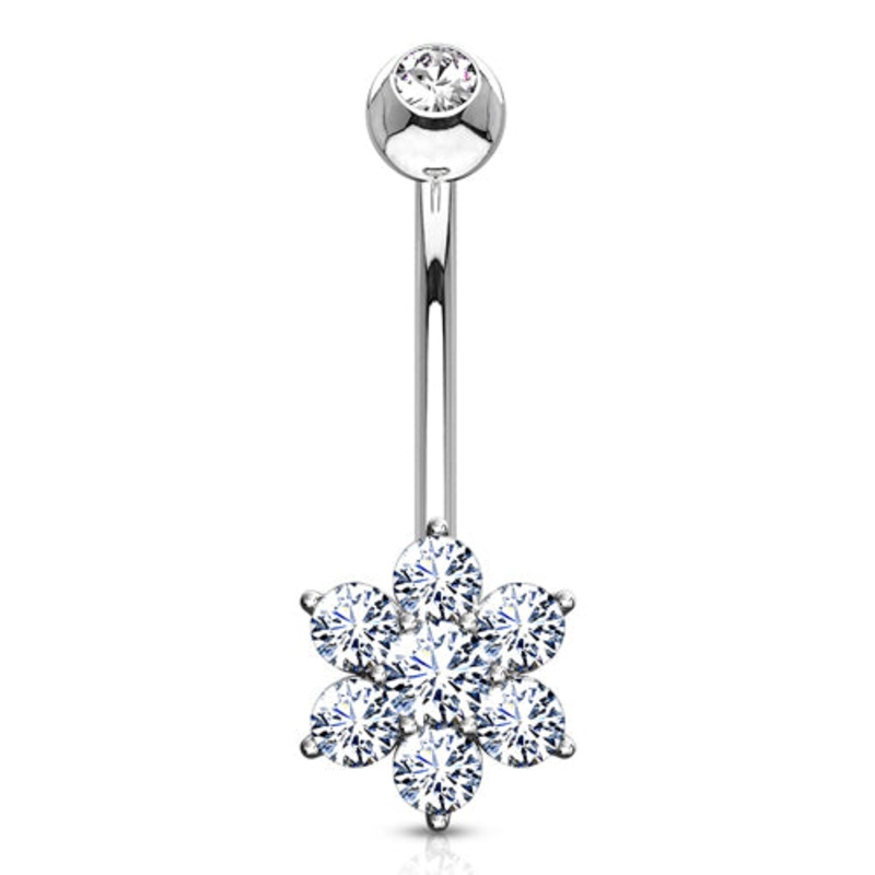Flower CZ White 14k Gold Belly Barbell 14 gauge – 3/8″ long (10mm) Clear White 14k Gold