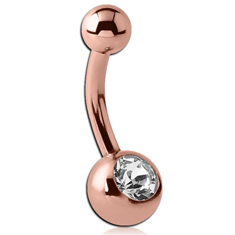 Mini Single CZ Rose Gold Belly Barbell 14g – 3/8″ long (10mm) – 4&6mm balls Clear Rose Gold Stainless