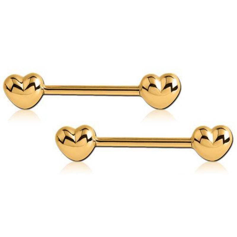 Puffy Heart Gold Nipple Barbells 14g – 3/8″ long (10mm) Gold Stainless