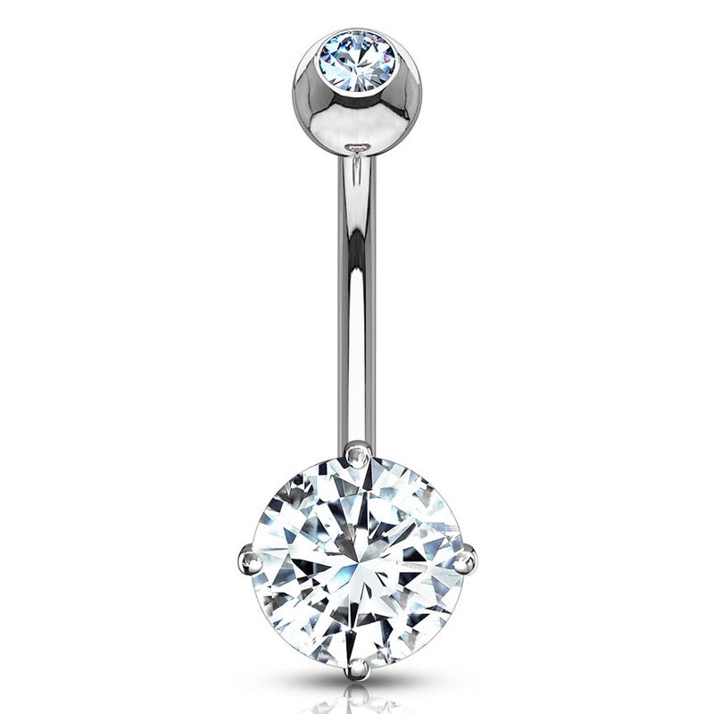 Round CZ White 14k Gold Belly Barbell 14 gauge – 3/8″ long (10mm) Clear White 14k Gold