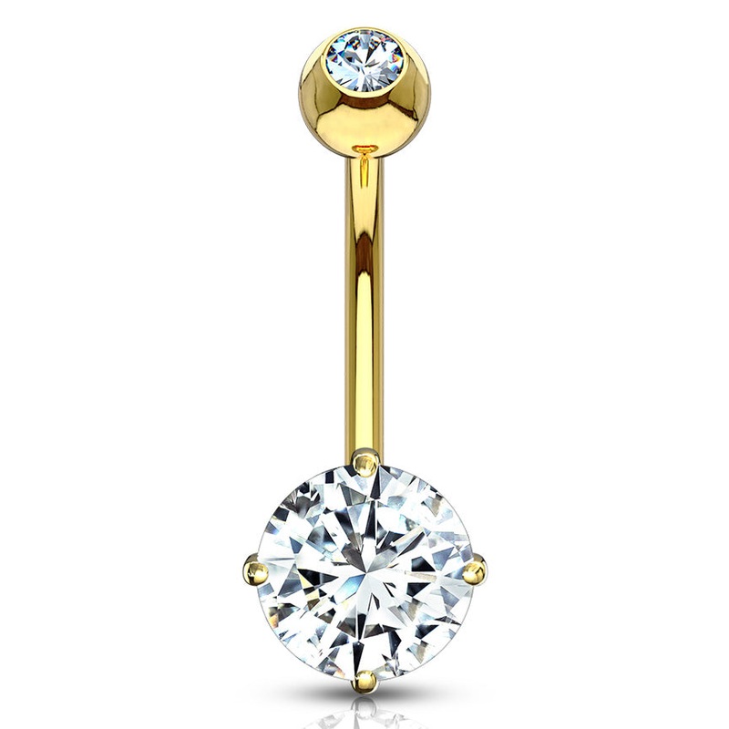 Round CZ Yellow 14k Gold Belly Barbell 14 gauge – 3/8″ long (10mm) Clear Yellow 14k Gold