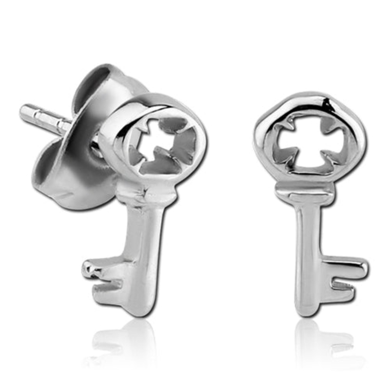 Skeleton Key Cross Stainless Stud Earrings 20 gauge Stainless Steel Pair