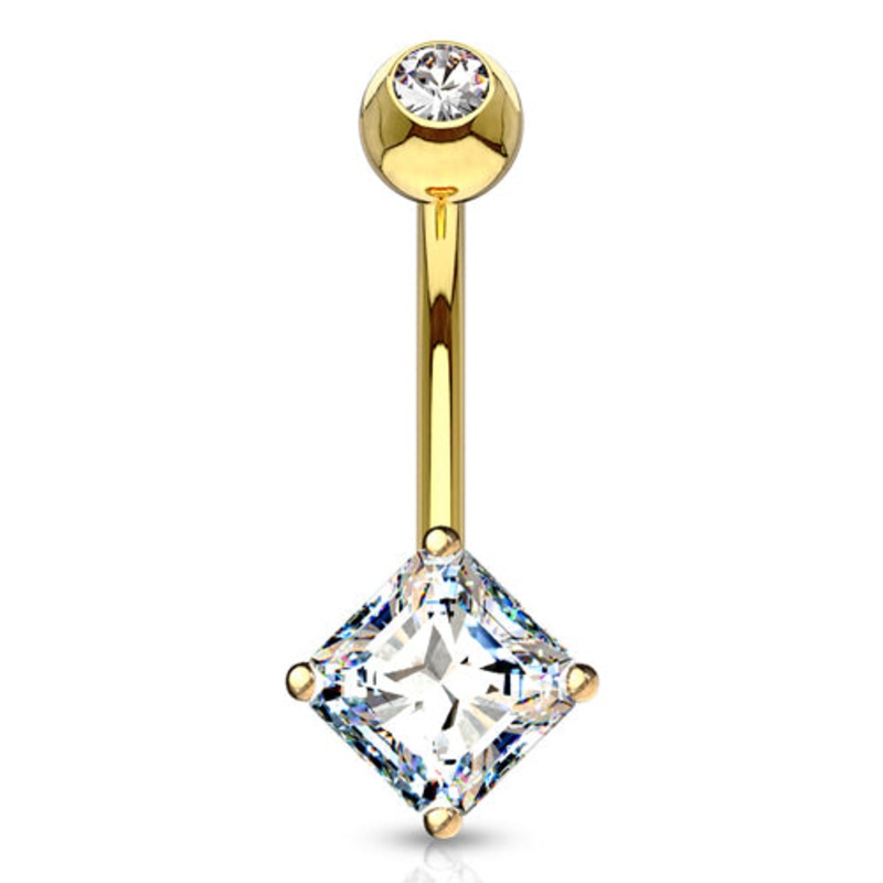 Square CZ Yellow 14k Gold Belly Barbell 14 gauge – 3/8″ long (10mm) Clear Yellow 14k Gold