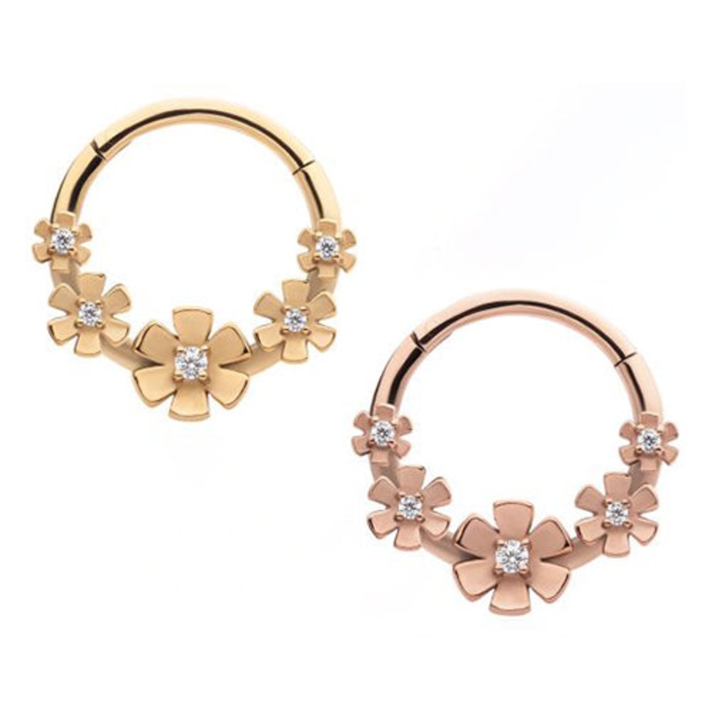 5-Flower Hinged Segment Ring 16g – 3/8″ diameter (10mm) Clear Gold Stainless