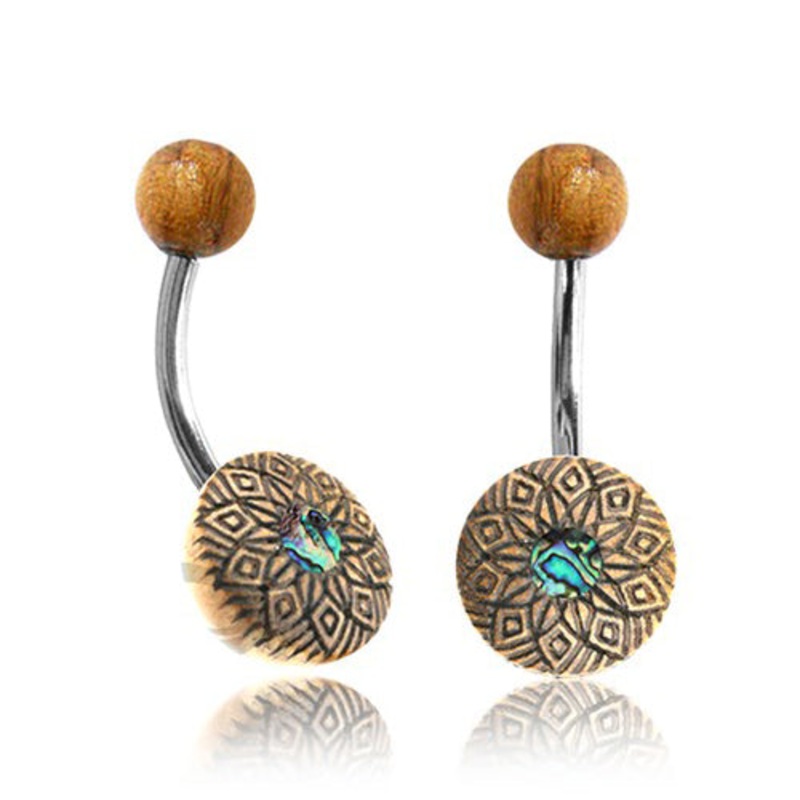 Abalone Flower Wood Belly Ring 14g – 3/8″ long (10mm) Brown Wood