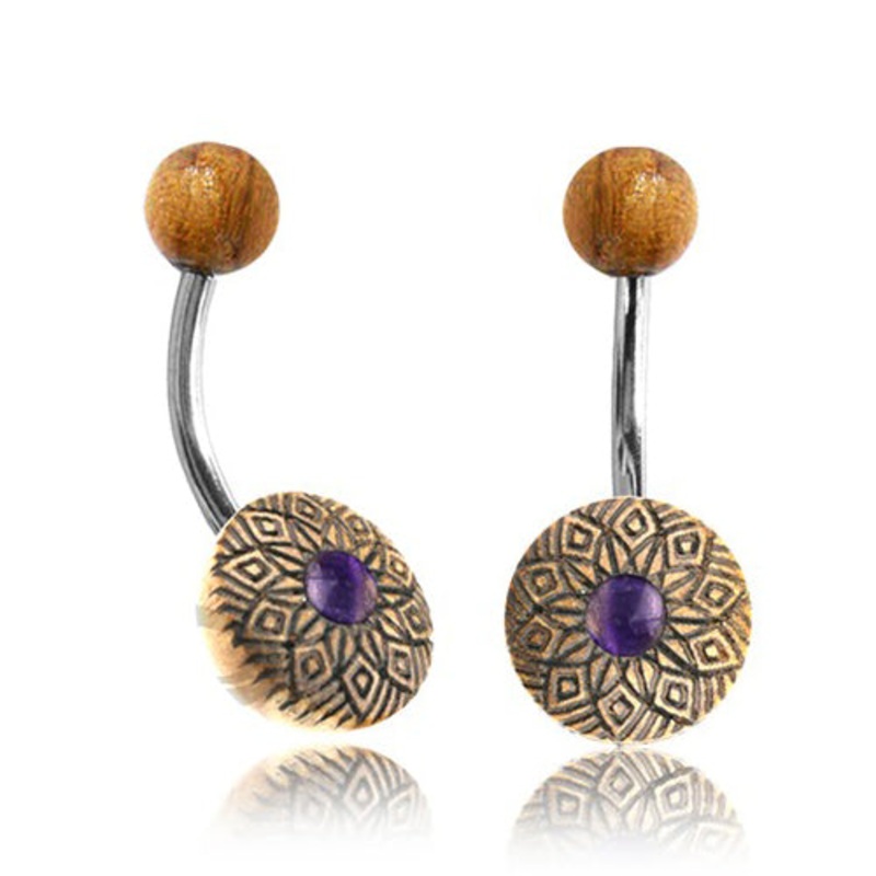 Amethyst Flower Wood Belly Ring 14g – 3/8″ long (10mm) Brown Wood