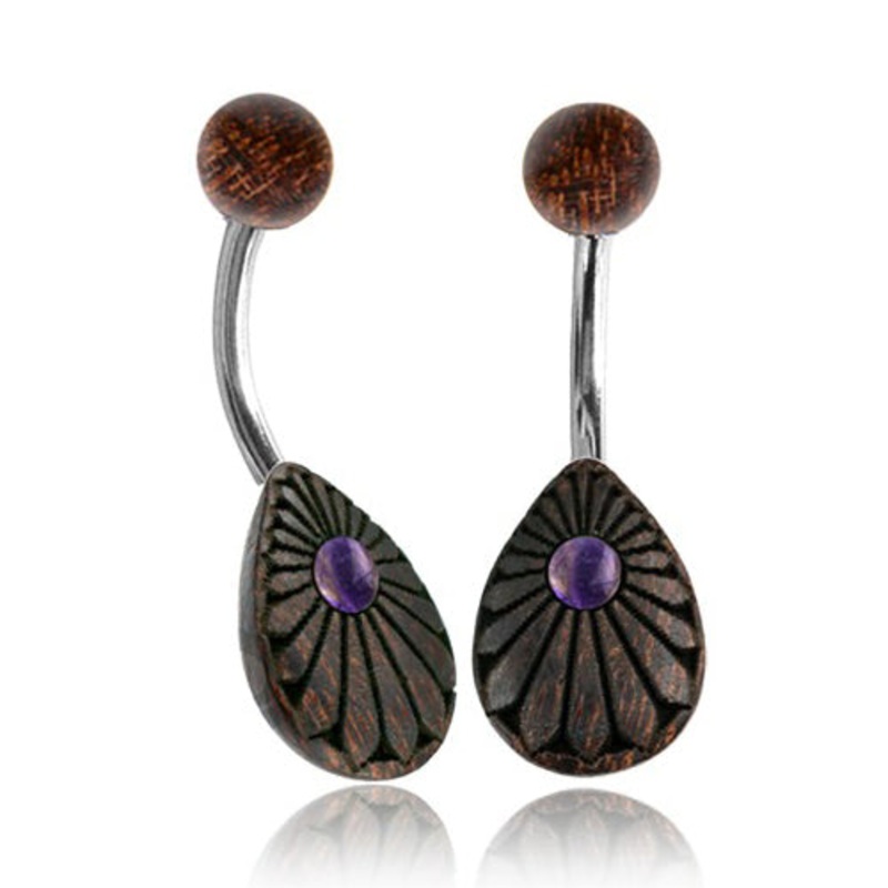 Amethyst Teardrop Wood Belly Ring 14g – 3/8″ long (10mm) Brown Wood
