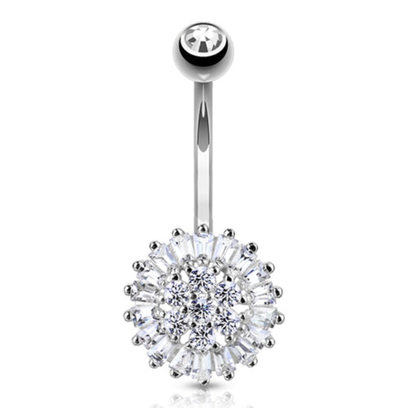 Burst CZ White 14k Gold Belly Barbell 14g – 3/8″ long (10mm) Clear White 14k Gold