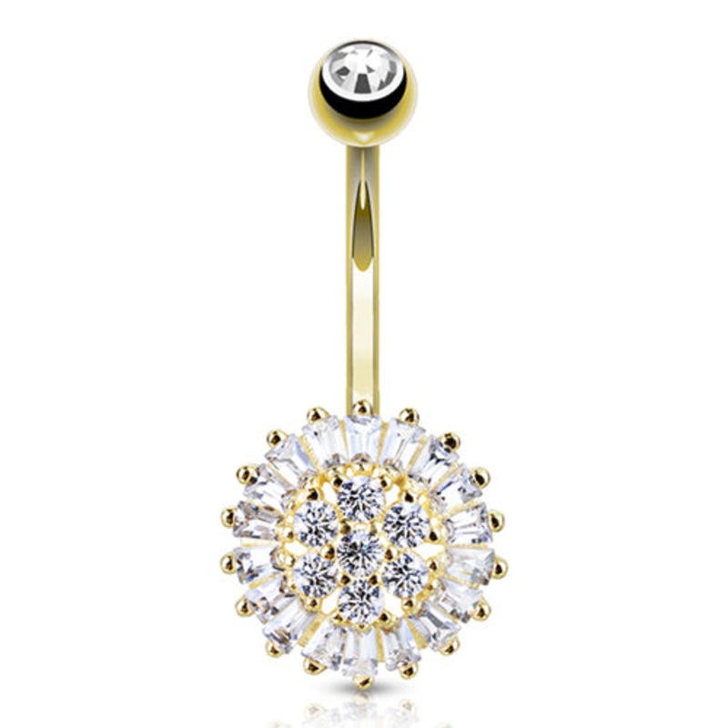 Burst CZ Yellow 14k Gold Belly Barbell 14g – 3/8″ long (10mm) Clear Yellow 14k Gold