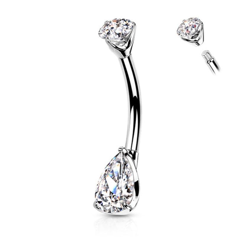 CZ Teardrop White 14k Gold Belly Barbell 14 gauge – 3/8″ long (10mm) Clear White 14k Gold