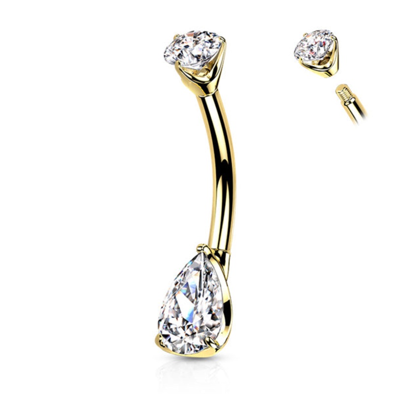CZ Teardrop Yellow 14k Gold Belly Barbell 14 gauge – 3/8″ long (10mm) Clear Yellow 14k Gold