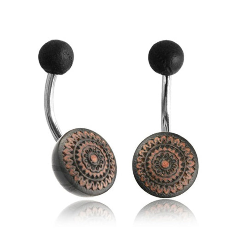 Mandala Engraved Wood Belly Ring 14g – 3/8″ long (10mm) Brown Wood