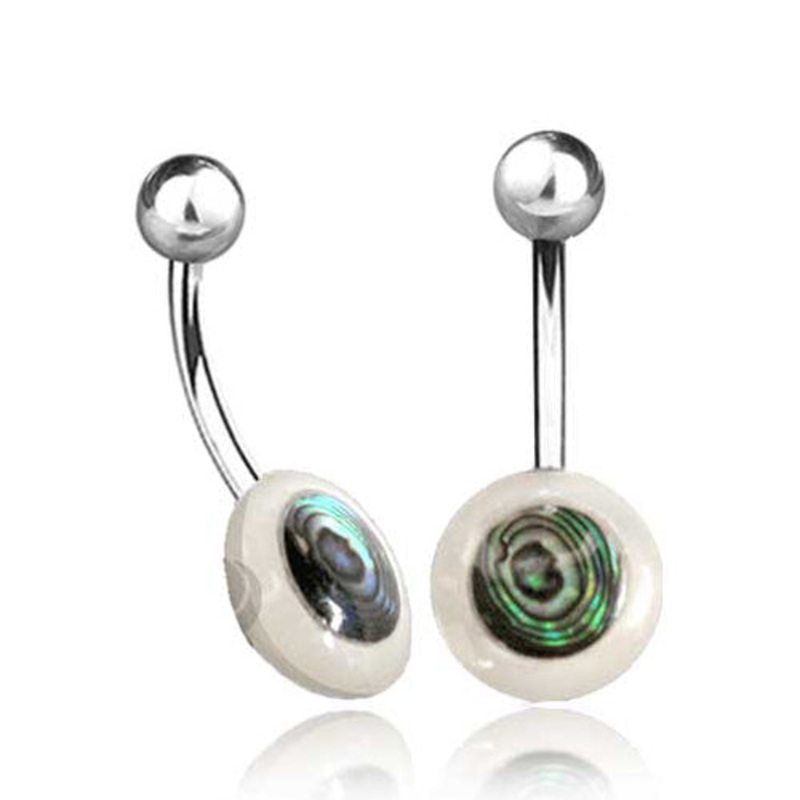 Mother of Pearl & Abalone Disc Belly Ring 14g – 3/8″ long (10mm) Shell Stainless Steel