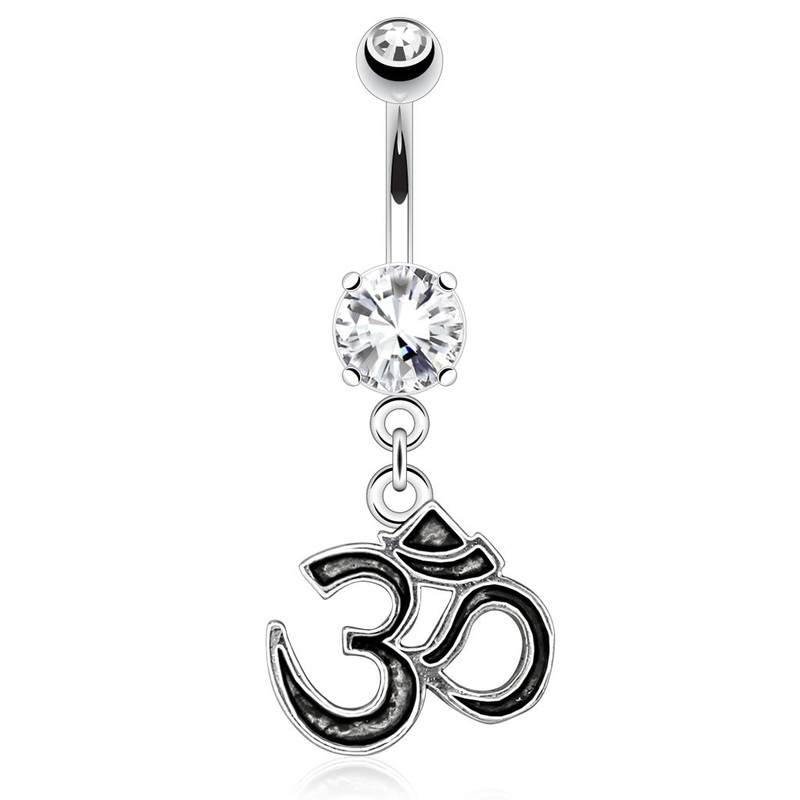Om Belly Dangle 14 gauge – 3/8″ long (10mm) Clear Stainless Steel