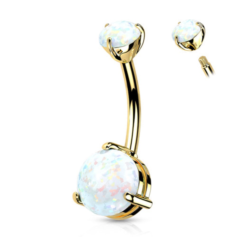 Opal Prong Yellow 14k Gold Belly Barbell 14 gauge – 3/8″ long (10mm) Yellow 14k Gold White