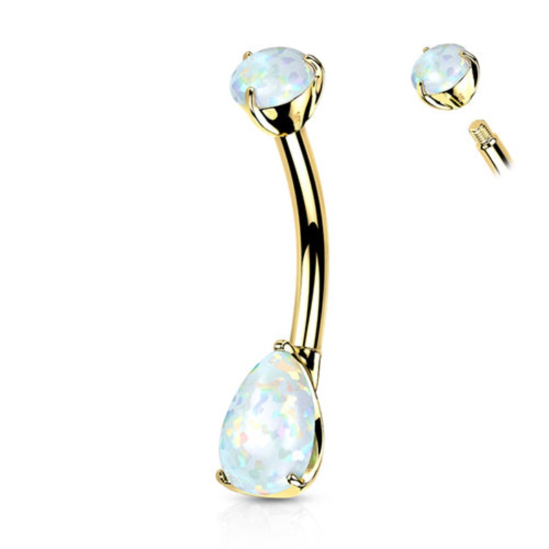 Opal Teardrop Yellow 14k Gold Belly Barbell 14 gauge – 3/8″ long (10mm) White Yellow 14k Gold