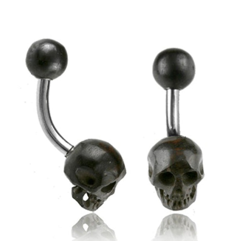 Skull Carved Horn Belly Barbell 14g – 3/8″ long (10mm) Black