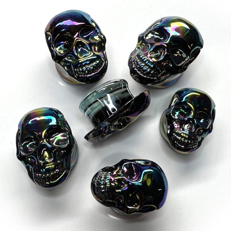 Black Iridescent Skull Plugs 2 gauge (6mm) Black Pair
