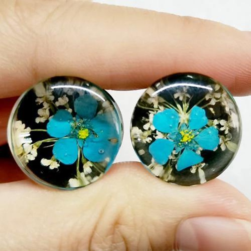 Blue Flower Epoxy Plugs 0 gauge (8mm) Blue Pair