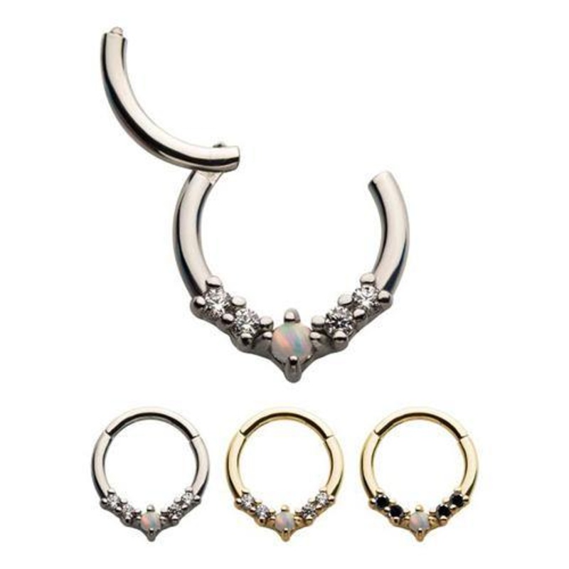 CZ & Opal Hinged Segment Ring 16g – 5/16″ diameter (8mm) Clear Stainless Steel