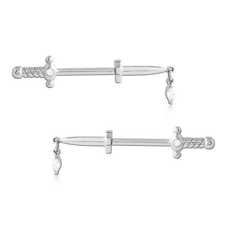 CZ Sword Stainless Nipple Barbells 14g – 15/32″ long (12mm) Clear Stainless Steel